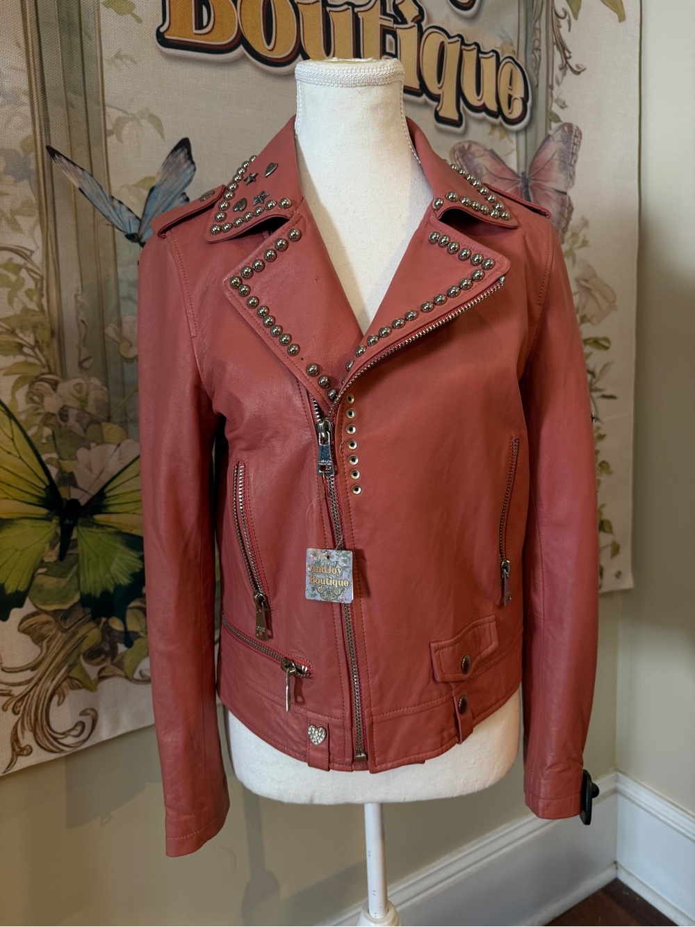 Leather Women’s Studded Moto Jacket - Rust